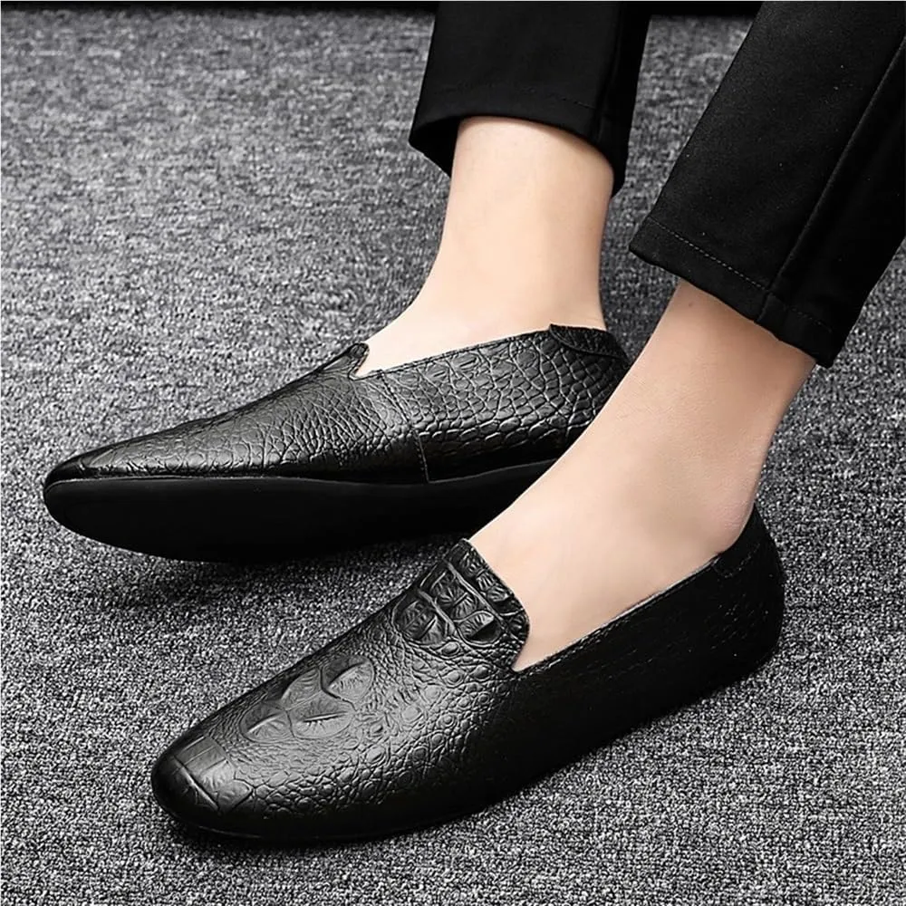 Loafers Shoes for Men Genuine Leather Pointed Toe Faux Crocodile Grain Rubber Sole Slip Resistant Lightweight Comfortable Prom Slip-ons