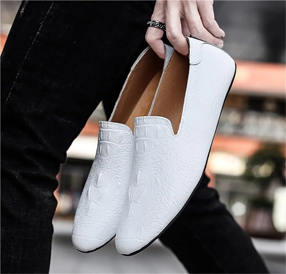 Loafers Shoes for Men Genuine Leather Pointed Toe Faux Crocodile Grain Rubber Sole Slip Resistant Lightweight Comfortable Prom Slip-ons