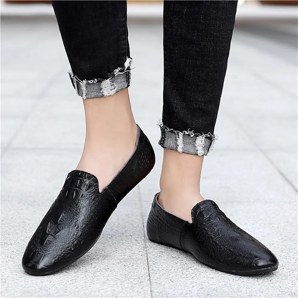 Loafers Shoes for Men Genuine Leather Pointed Toe Faux Crocodile Grain Rubber Sole Slip Resistant Lightweight Comfortable Prom Slip-ons