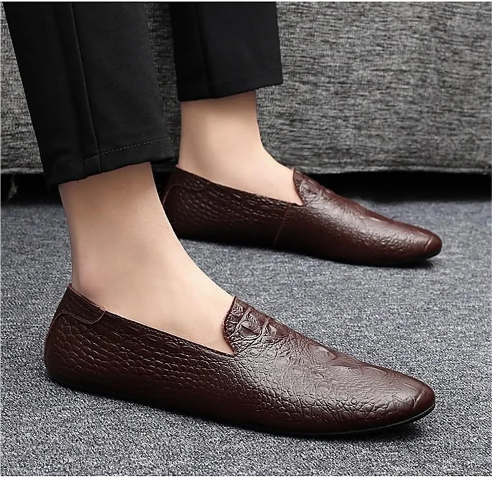 Loafers Shoes for Men Genuine Leather Pointed Toe Faux Crocodile Grain Rubber Sole Slip Resistant Lightweight Comfortable Prom Slip-ons