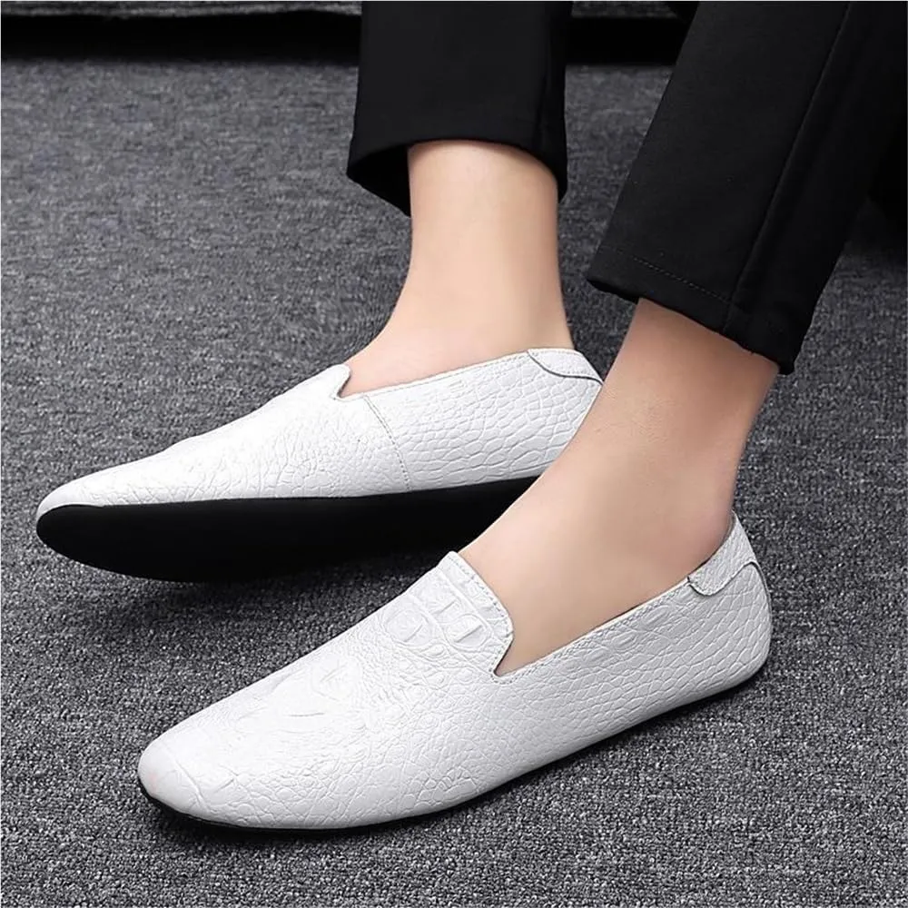 Loafers Shoes for Men Genuine Leather Pointed Toe Faux Crocodile Grain Rubber Sole Slip Resistant Lightweight Comfortable Prom Slip-ons