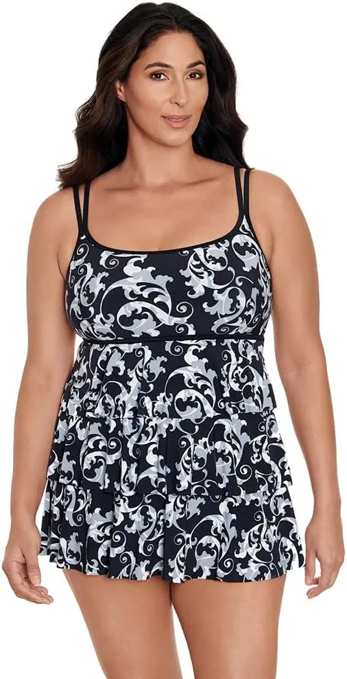 Longitude Women's Plus Swimwear Triple Tier Long Torso One Piece Swimdress