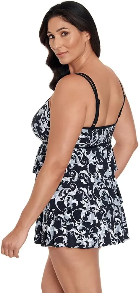 Longitude Women's Plus Swimwear Triple Tier Long Torso One Piece Swimdress