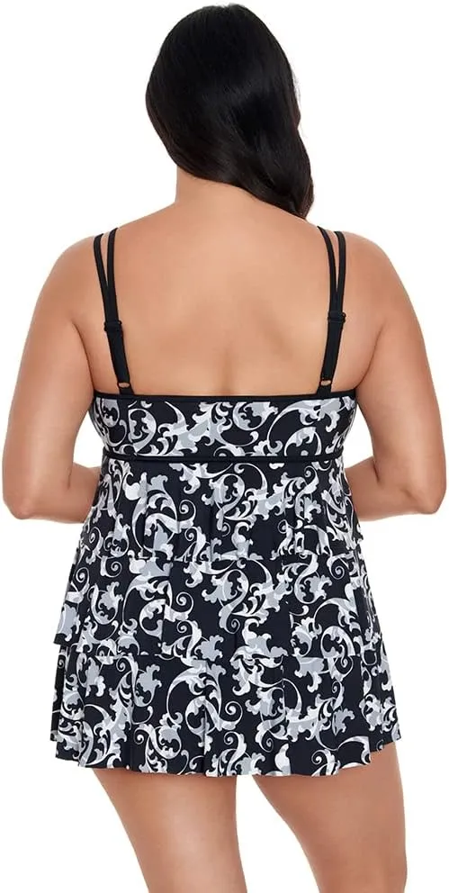 Longitude Women's Plus Swimwear Triple Tier Long Torso One Piece Swimdress