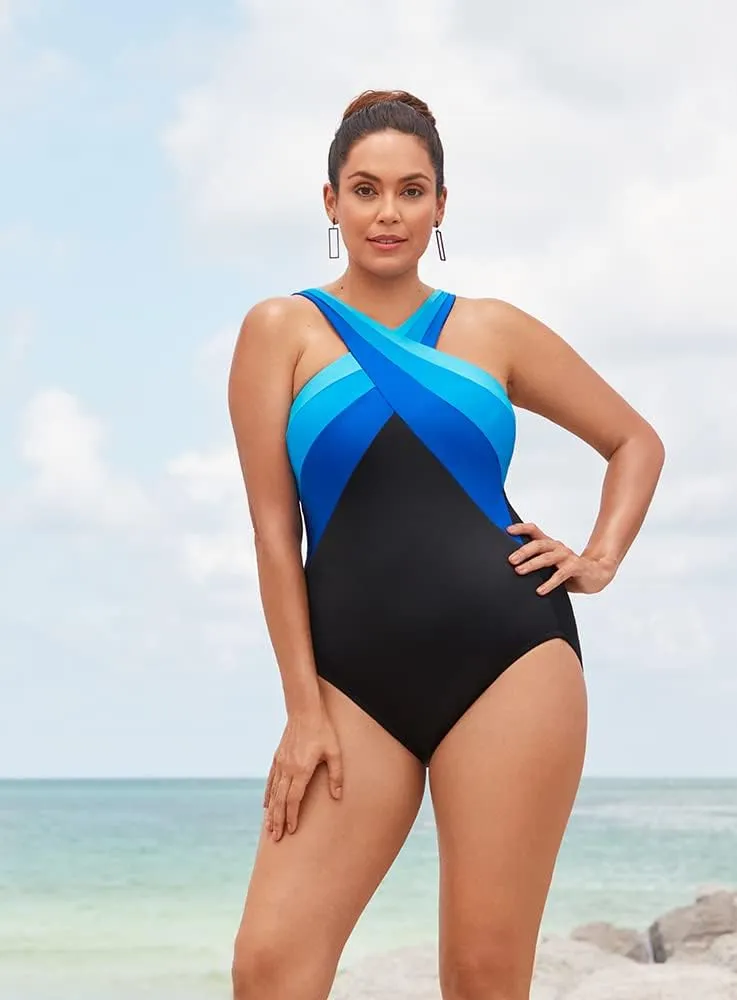Longitude Women's Swimwear Crossover Draped Tank Soft Cup One Piece Swimsuit