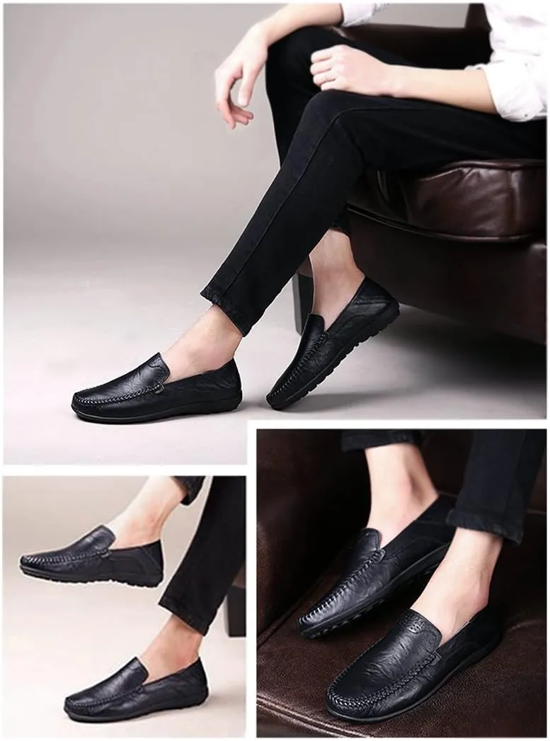 LOUECHY Men's Leather Slip-On Loafer Lightweight Driving Shoes Casual Moccasin Slipper