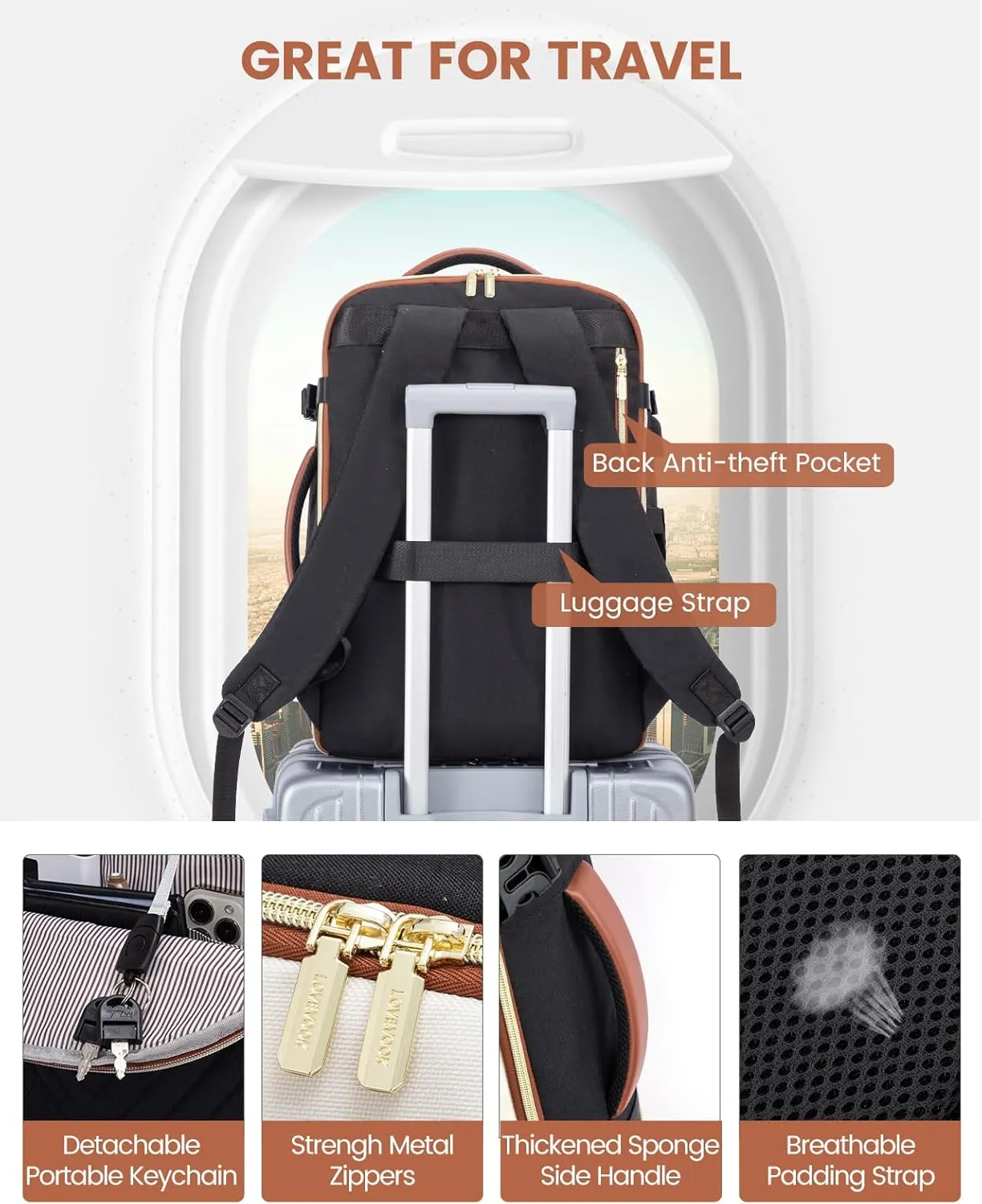 LOVEVOOK Travel Backpack for Women,35L Carry On Backpack for Airplanes,15.6 Inch Laptop Personal Item Travel Bag,TSA Approved Carry On Luggage,Waterproof Weekender Business Hiking Bag