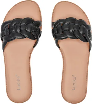 Luoika Women's Wide Width Flat Slides Sandals, Casual Comfortable Summer Beach Shoes Slip on Slide Sandal for Women.