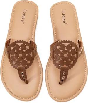 Luoika Women's Wide Width Flat Slides Sandals, Flip Flop Strappy Rhinestone Thong Sandals Comfortable Summer Beach Shoes for Women.