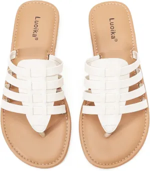 Luoika Women's Wide Width Flat Slides Sandals, Flip Flop Strappy Rhinestone Thong Sandals Comfortable Summer Beach Shoes for Women.