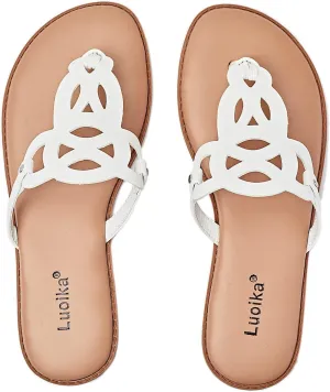 Luoika Women's Wide Width Flat Slides Sandals, Flip Flop Strappy Rhinestone Thong Sandals Comfortable Summer Beach Shoes for Women.