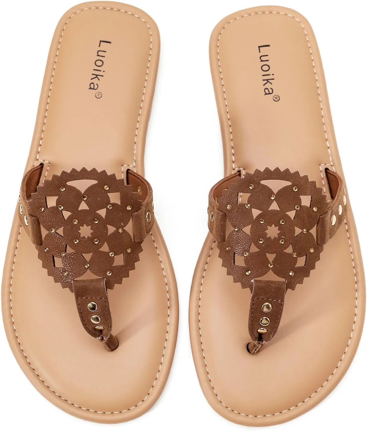 Luoika Women's Wide Width Flat Slides Sandals, Flip Flop Strappy Rhinestone Thong Sandals Comfortable Summer Beach Shoes for Women.