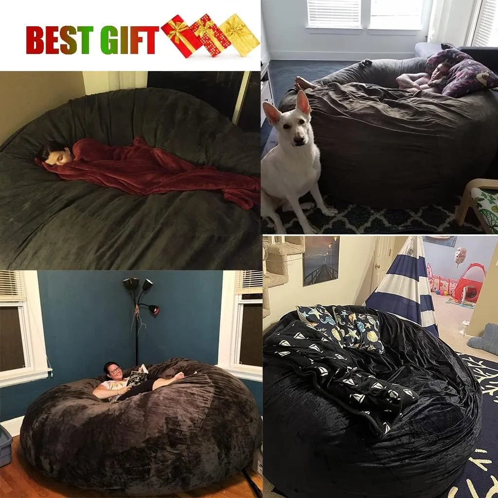 Luxurious Giant 7ft Bean Bag Chair Big Round Soft Fluffy Faux Fur Beanbag Lazy Sofa Bed Cover for Kids, Teenagers, Adults (No Filler) (Color : Gray, Size : 7ft)