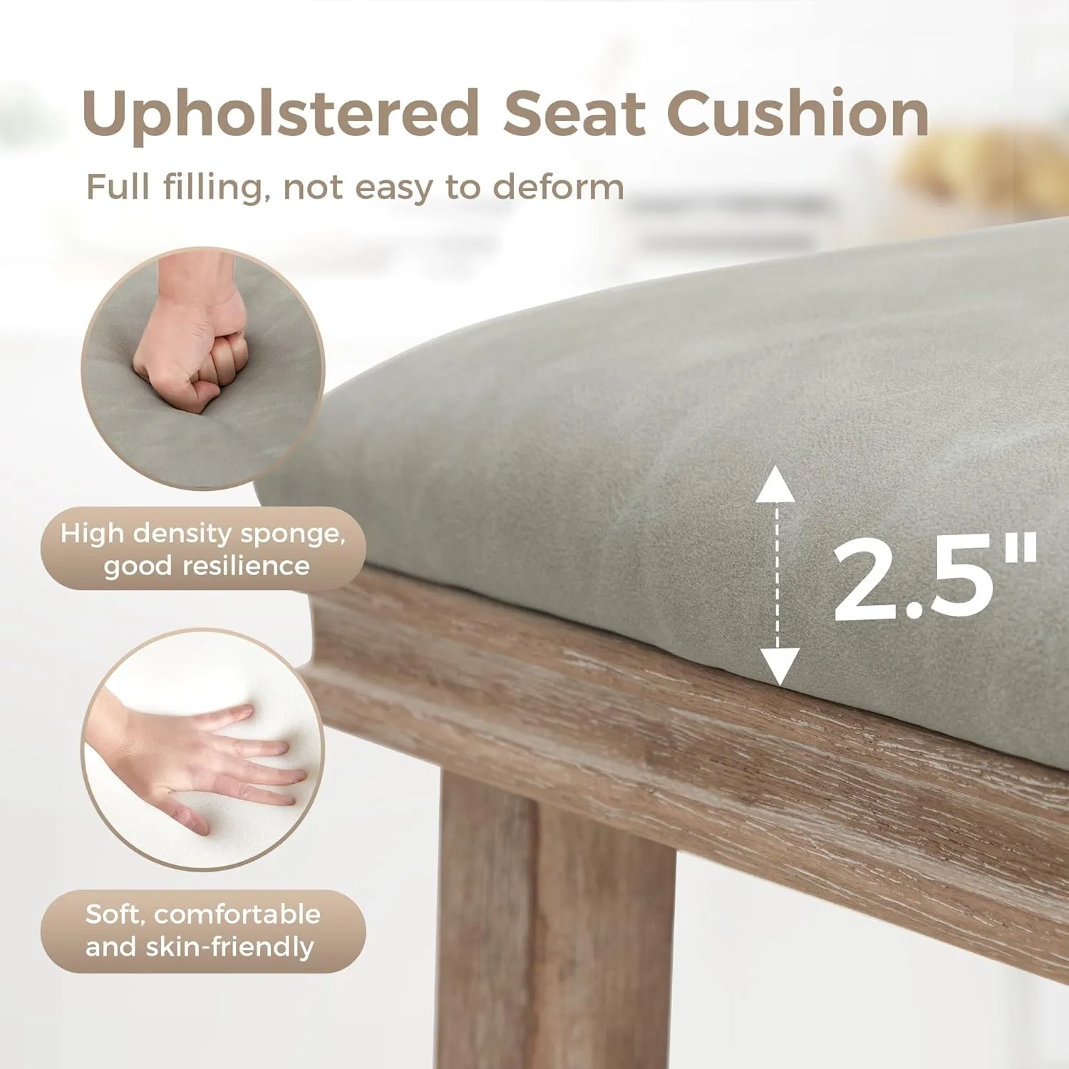 MAISON ARTS Counter Height 24 inch Bar Stool for Kitchen Counter Solid Wood Leg with Faux Leather Padded Seat Farmhouse Barstool for 34"-38" Counter Island Upholstered Stool, Grey   Wood