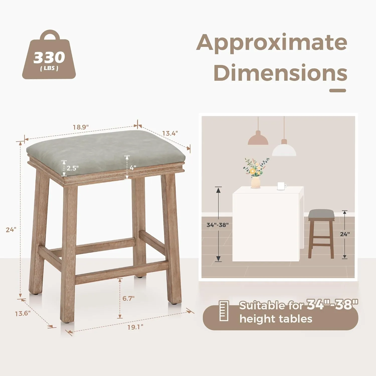MAISON ARTS Counter Height 24 inch Bar Stool for Kitchen Counter Solid Wood Leg with Faux Leather Padded Seat Farmhouse Barstool for 34"-38" Counter Island Upholstered Stool, Grey   Wood