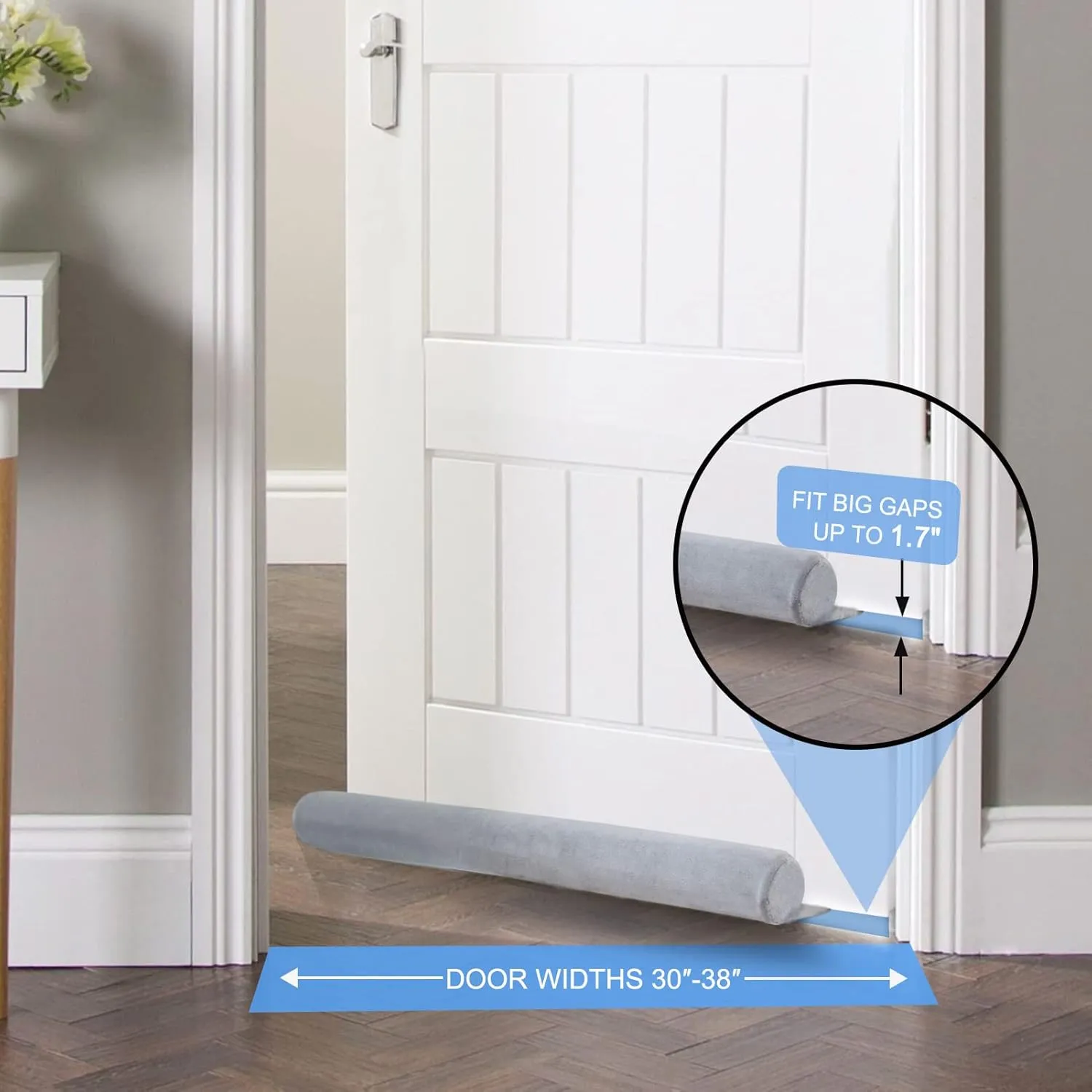 Marwood Under Door Draft Stopper 30-38" Adjustable Wind Stopper for Door & Window, Foam Door Sweep Air & Noise Blocker for Bottom of Doors Double Side Seal - Spandex Super Soft Grey