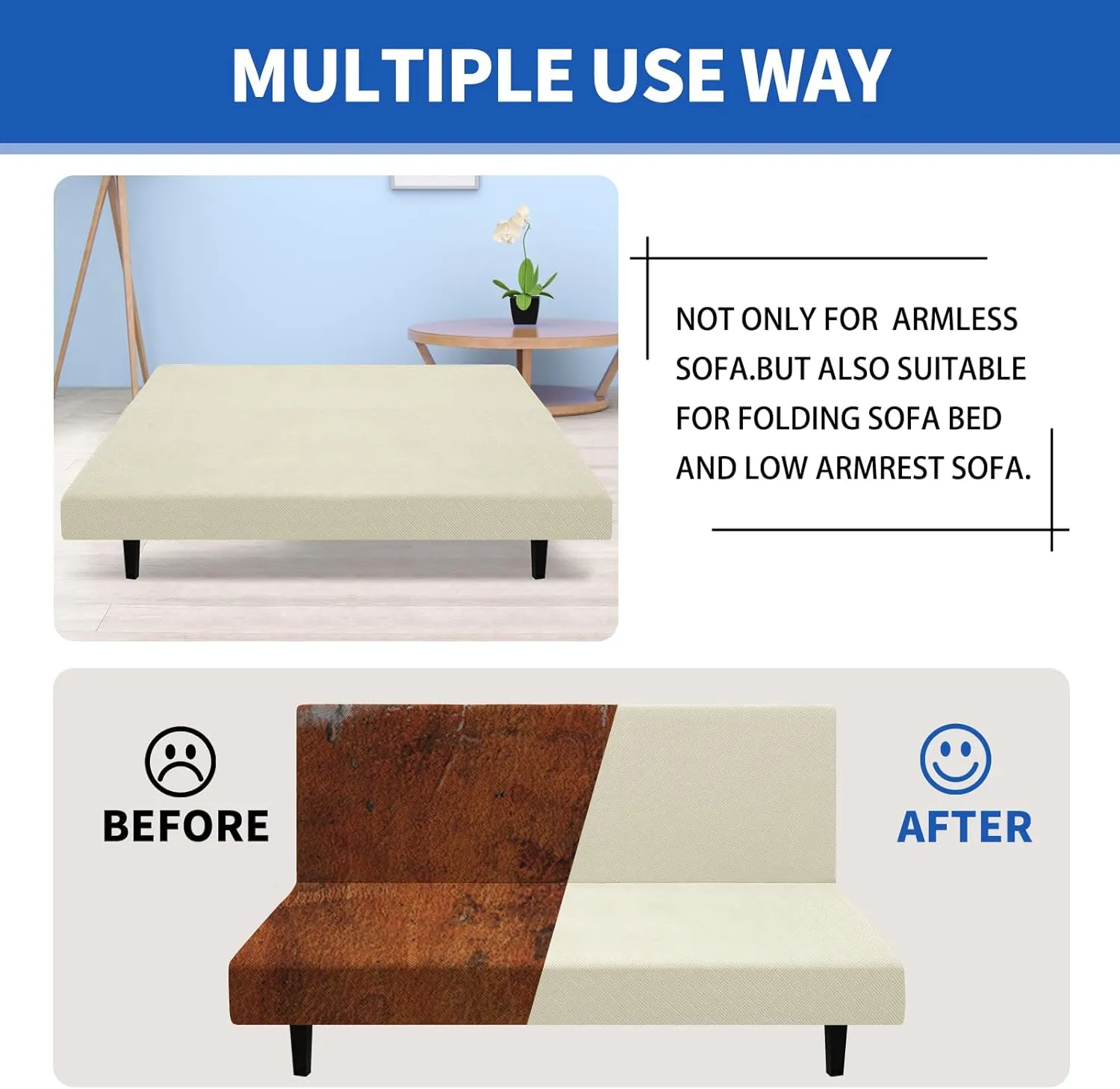 MAXIJIN Futon Cover Slipcover Full Size, Queen Mattress Cover Washable Armless Couch Covers Stretch Sofa Bed Furniture Protector with Elastic Bottom (Beige)