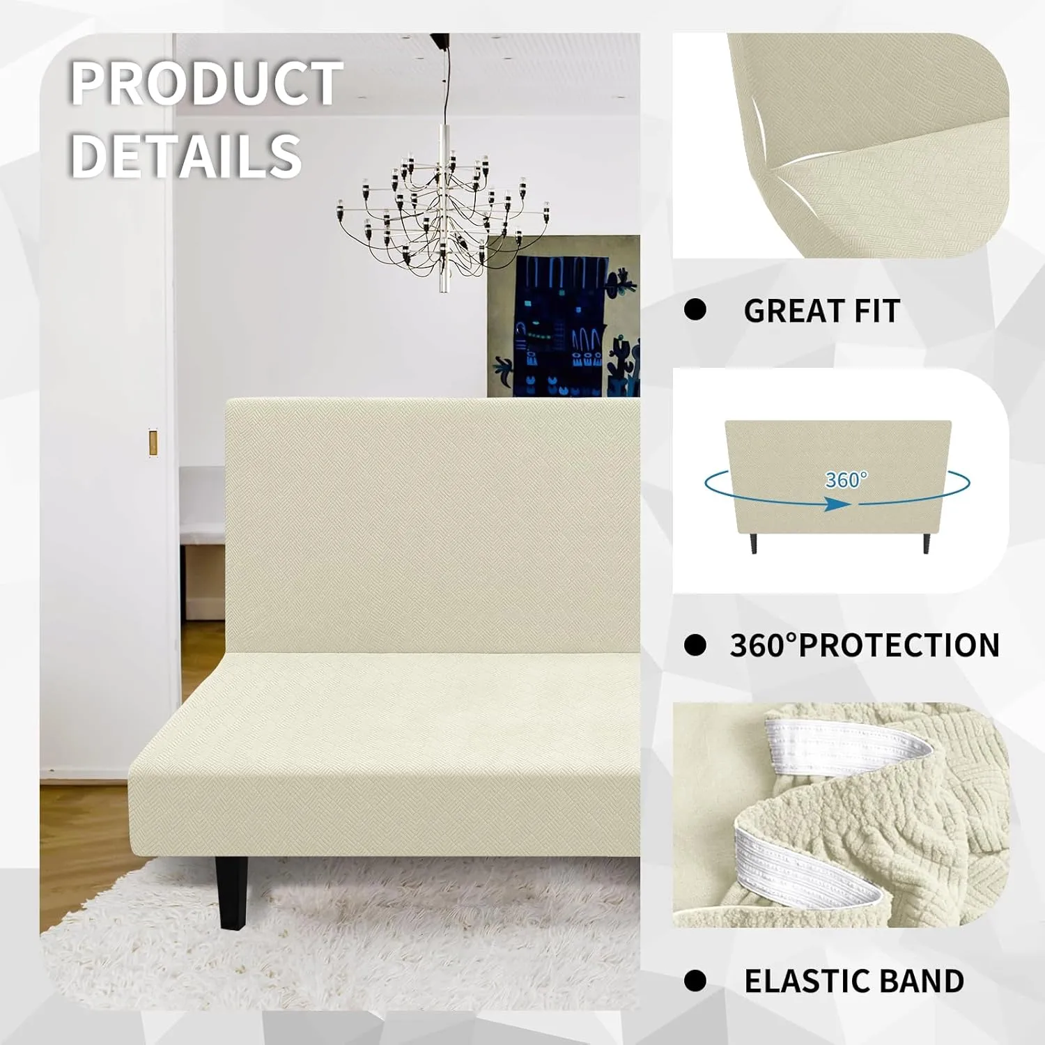 MAXIJIN Futon Cover Slipcover Full Size, Queen Mattress Cover Washable Armless Couch Covers Stretch Sofa Bed Furniture Protector with Elastic Bottom (Beige)
