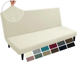 MAXIJIN Futon Cover Slipcover Full Size, Queen Mattress Cover Washable Armless Couch Covers Stretch Sofa Bed Furniture Protector with Elastic Bottom (Beige)