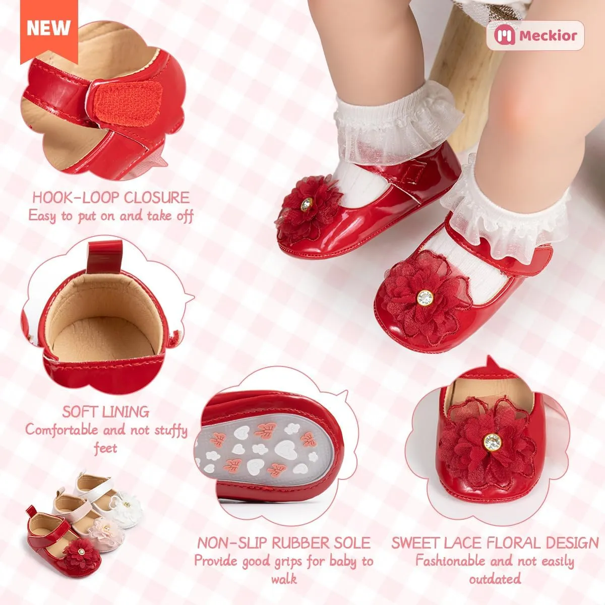 Meckior Infant Baby Girls Soft Sole Bowknot Princess Wedding Dress Mary Jane Flats Prewalker Newborn Light Baby Sneaker Shoes