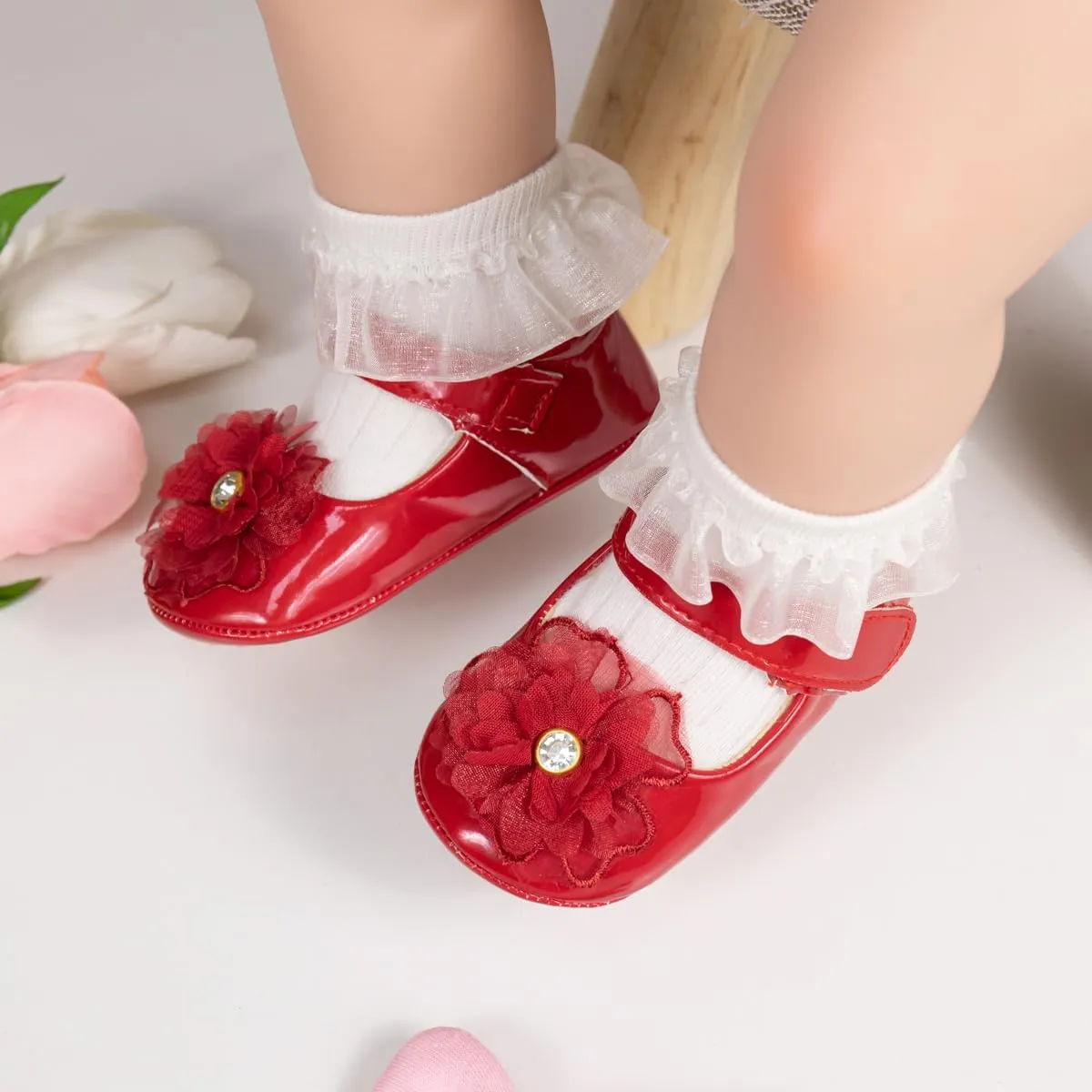 Meckior Infant Baby Girls Soft Sole Bowknot Princess Wedding Dress Mary Jane Flats Prewalker Newborn Light Baby Sneaker Shoes