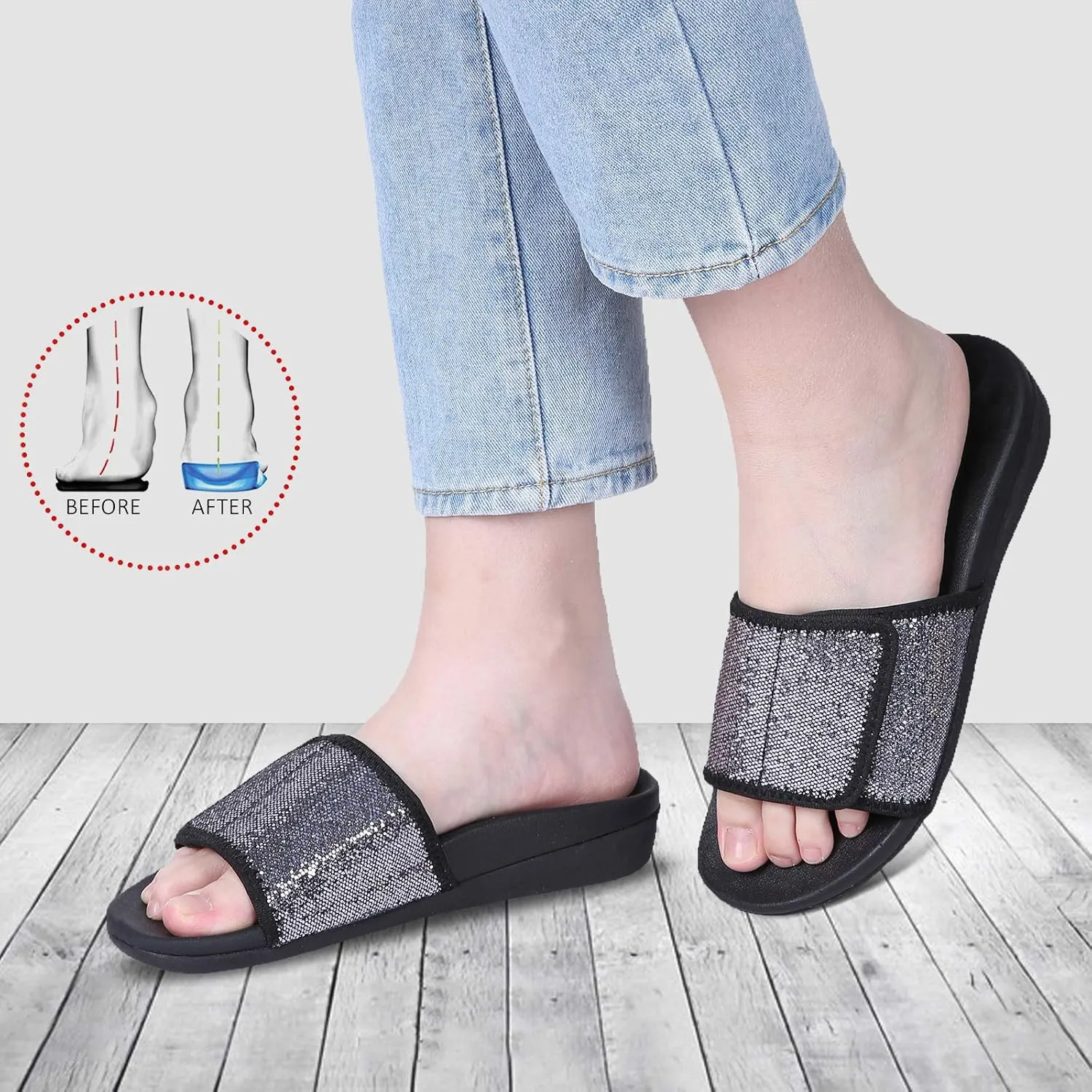 MEGNYA Orthopedic Slides Sandals for Women, Comfortable Plantar Fasciitis Sandals for Flat Feet, High Arch Support Walking Sandals with Adjustable Straps