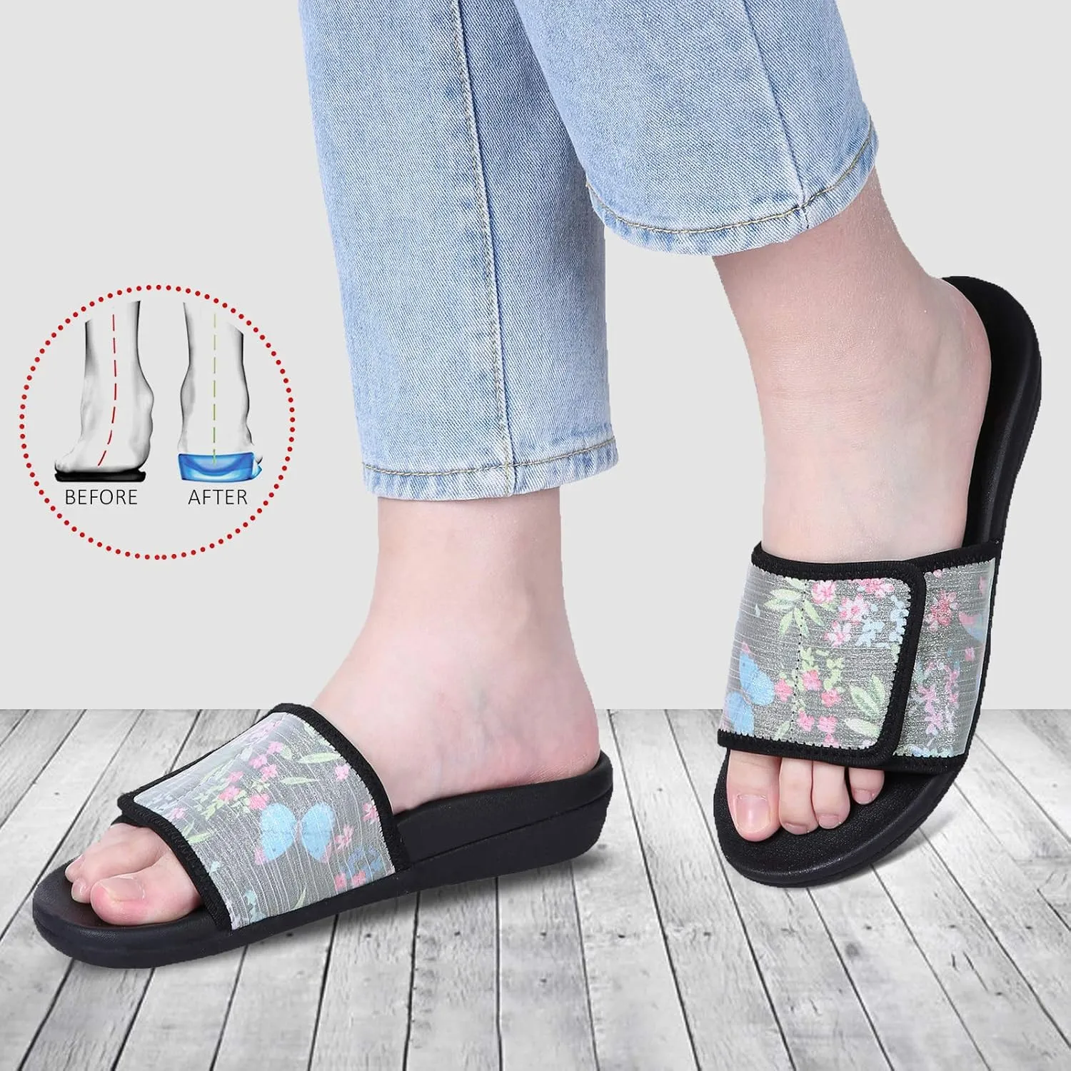 MEGNYA Orthopedic Slides Sandals for Women, Comfortable Plantar Fasciitis Sandals for Flat Feet, High Arch Support Walking Sandals with Adjustable Straps