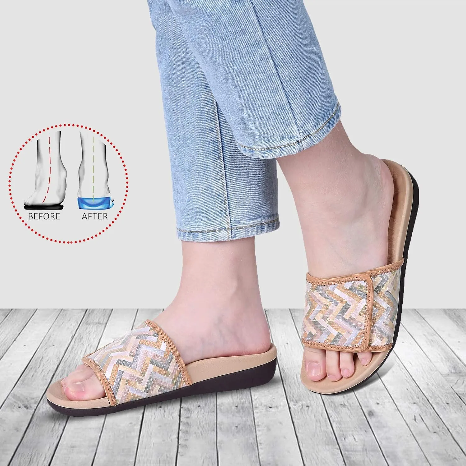 MEGNYA Orthopedic Slides Sandals for Women, Comfortable Plantar Fasciitis Sandals for Flat Feet, High Arch Support Walking Sandals with Adjustable Straps