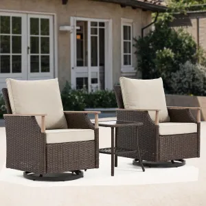 MELLCOM Patio Furniture Set, 3 Pieces Wicker Swivel Glider Chairs with Side Table and Thick Cushions, All Weather Rattan Bistro Set for for Porch, Garden, Backyard and Patio