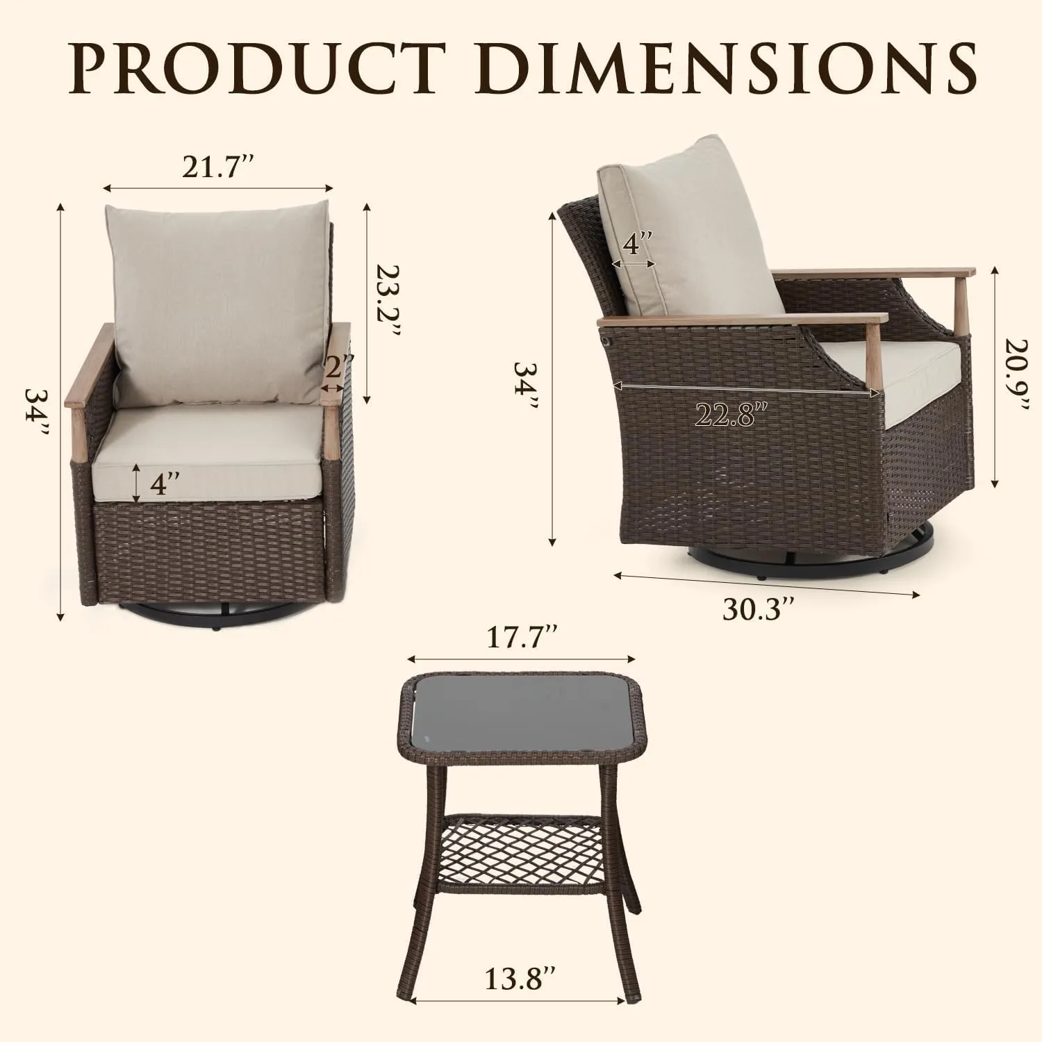 MELLCOM Patio Furniture Set, 3 Pieces Wicker Swivel Glider Chairs with Side Table and Thick Cushions, All Weather Rattan Bistro Set for for Porch, Garden, Backyard and Patio