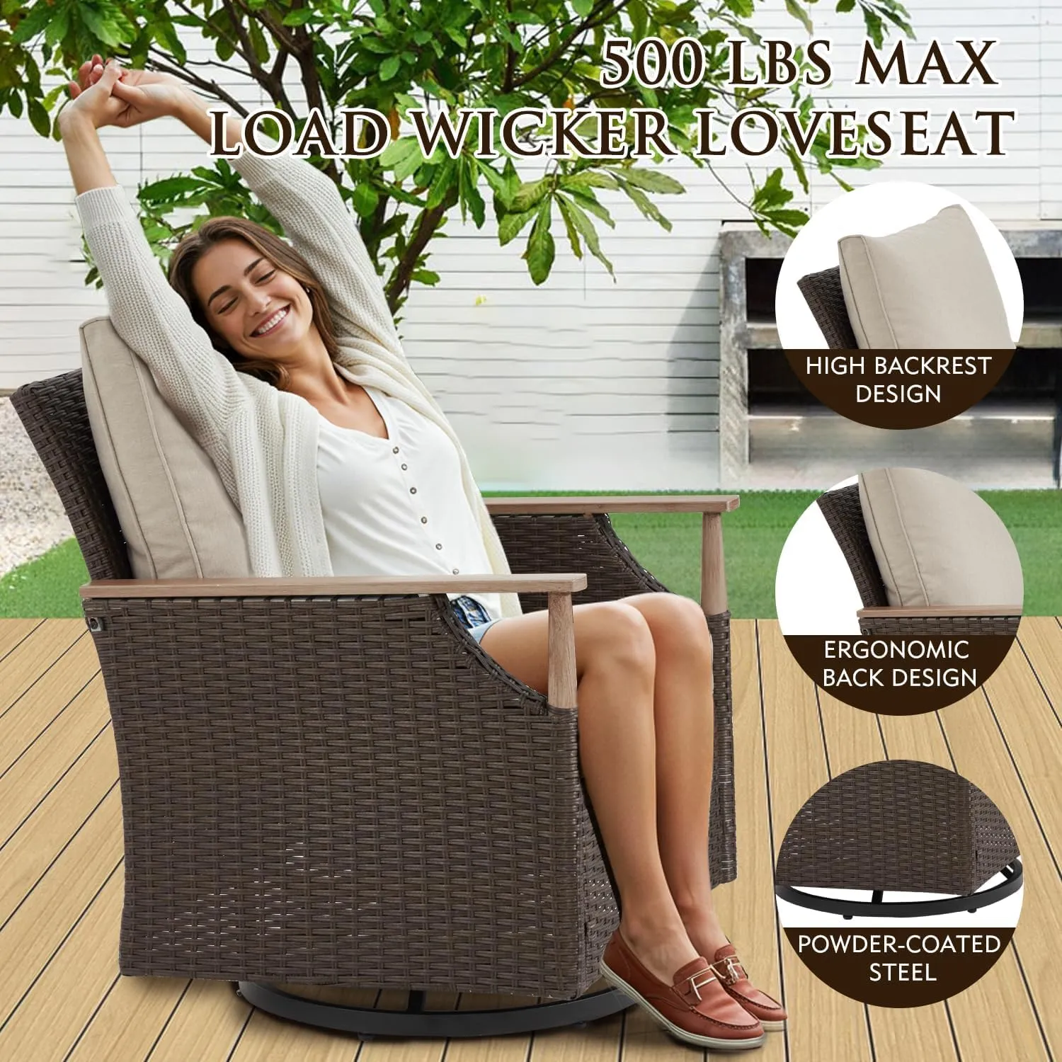 MELLCOM Patio Furniture Set, 3 Pieces Wicker Swivel Glider Chairs with Side Table and Thick Cushions, All Weather Rattan Bistro Set for for Porch, Garden, Backyard and Patio