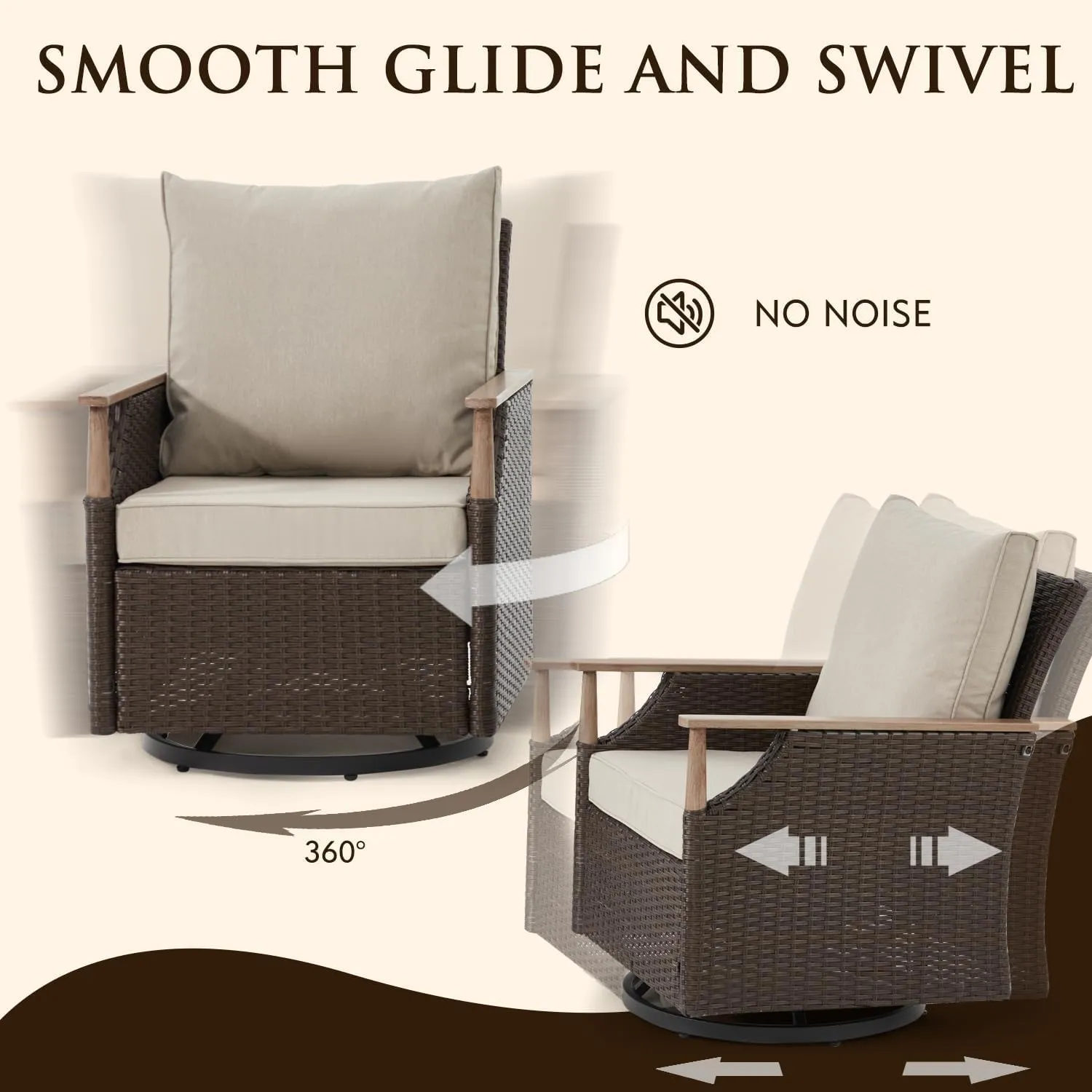 MELLCOM Patio Furniture Set, 3 Pieces Wicker Swivel Glider Chairs with Side Table and Thick Cushions, All Weather Rattan Bistro Set for for Porch, Garden, Backyard and Patio