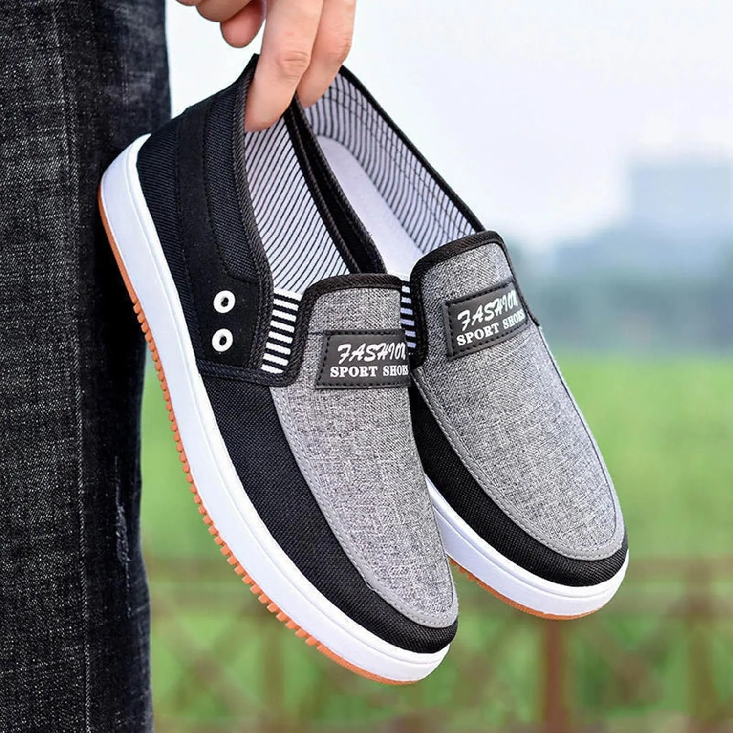 Men's Business Casual Shoes Comfortable Breathable Stretch Canvas Slip on Sneaker Soft Flat Soled Elderly Shoes