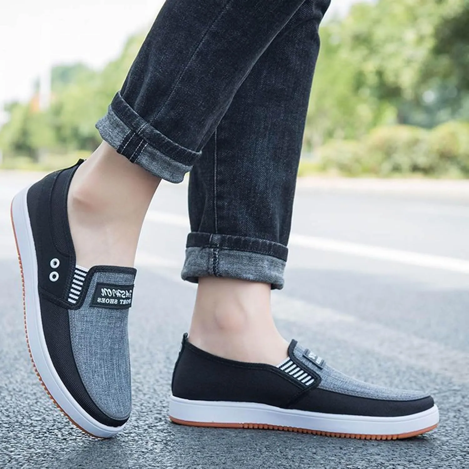 Men's Business Casual Shoes Comfortable Breathable Stretch Canvas Slip on Sneaker Soft Flat Soled Elderly Shoes