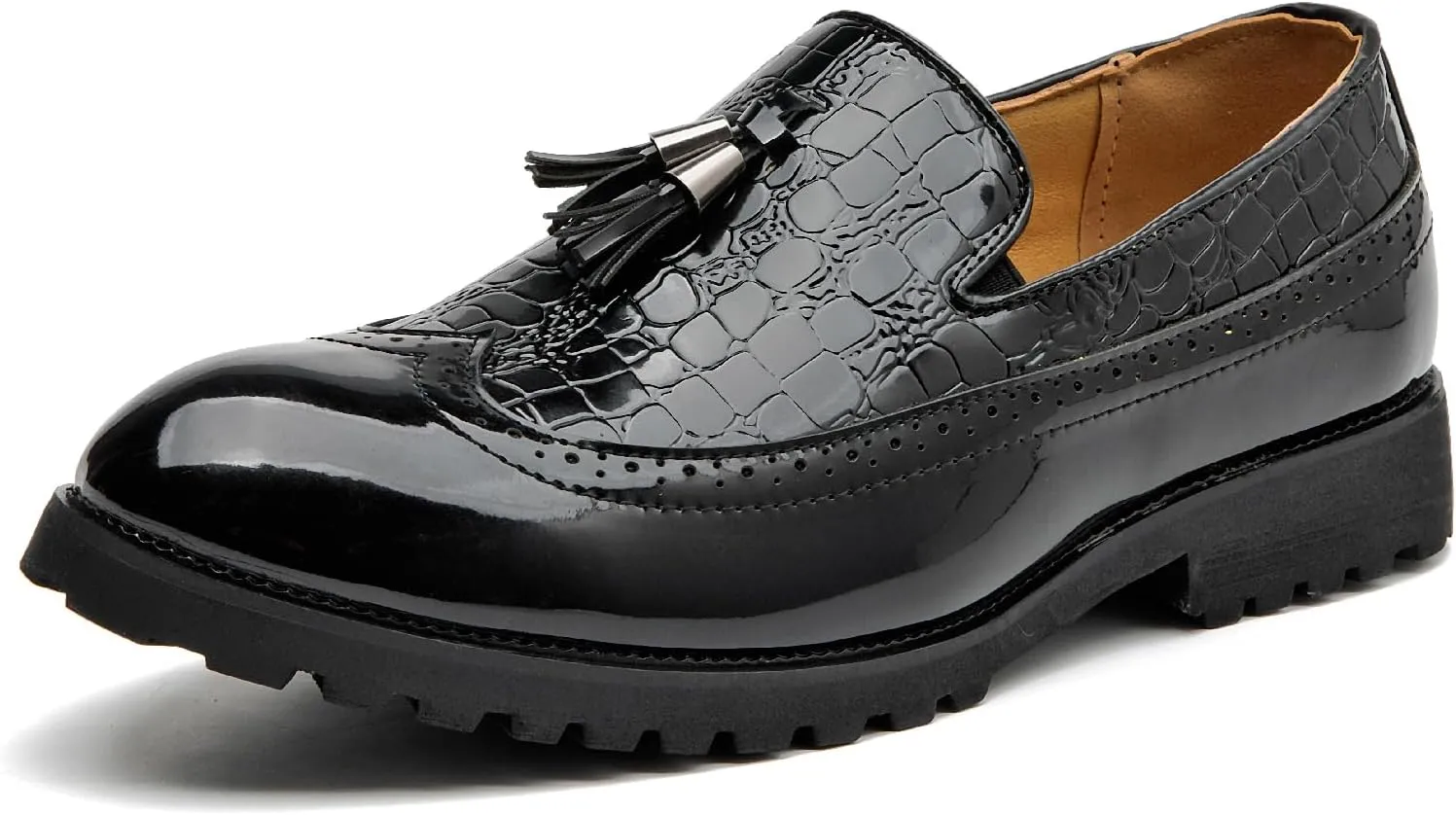 Men's Classic Wingtip Tassel Dress Shoes Two Tone Leather Loafers Shoes Non-Slip Lug Sole for Formal Business