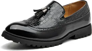 Men's Classic Wingtip Tassel Dress Shoes Two Tone Leather Loafers Shoes Non-Slip Lug Sole for Formal Business
