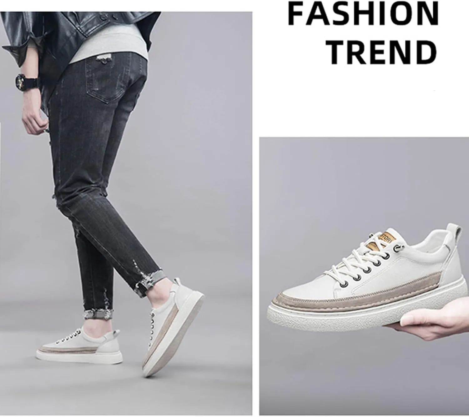 Men's Genuine Leather Fashion Sneakers Simple Handmade Low Top Round-Toe Elastic Lace Up Slip On Casual Shoes Comfortable Classic Tennis Shoes