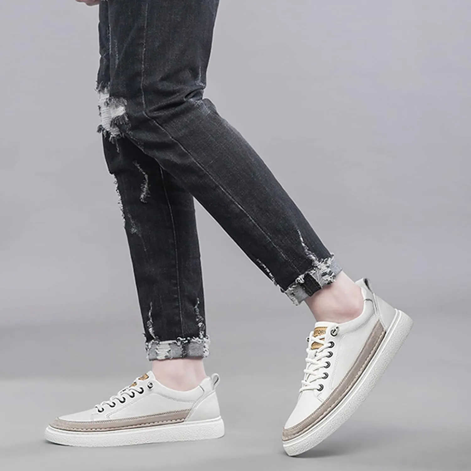 Men's Genuine Leather Fashion Sneakers Simple Handmade Low Top Round-Toe Elastic Lace Up Slip On Casual Shoes Comfortable Classic Tennis Shoes