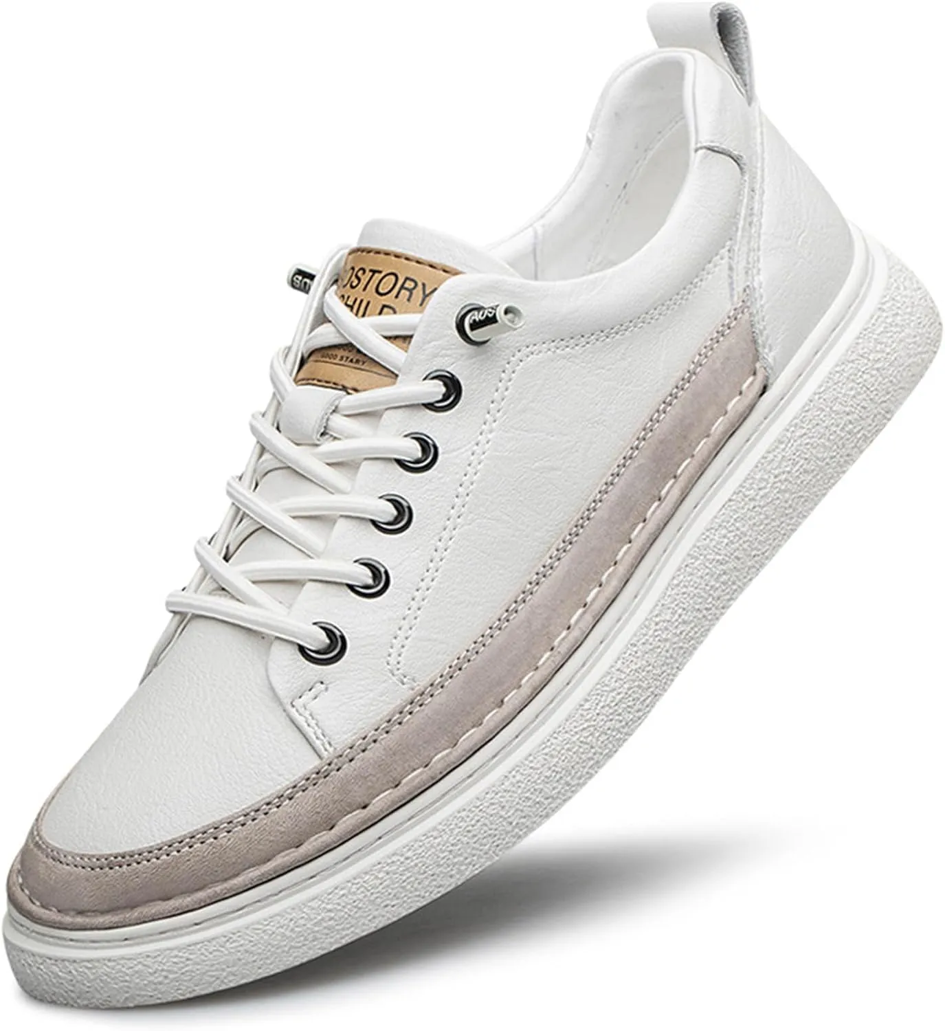 Men's Genuine Leather Fashion Sneakers Simple Handmade Low Top Round-Toe Elastic Lace Up Slip On Casual Shoes Comfortable Classic Tennis Shoes