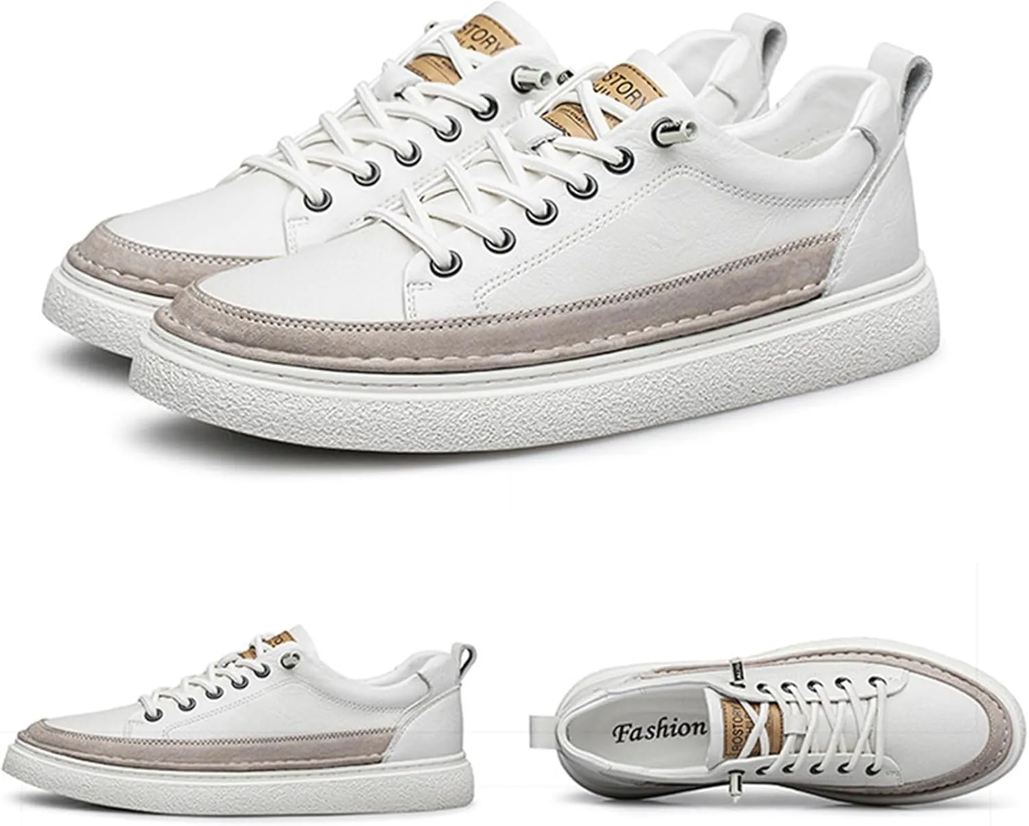 Men's Genuine Leather Fashion Sneakers Simple Handmade Low Top Round-Toe Elastic Lace Up Slip On Casual Shoes Comfortable Classic Tennis Shoes