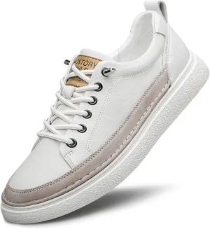 Men's Genuine Leather Fashion Sneakers Simple Handmade Low Top Round-Toe Elastic Lace Up Slip On Casual Shoes Comfortable Classic Tennis Shoes