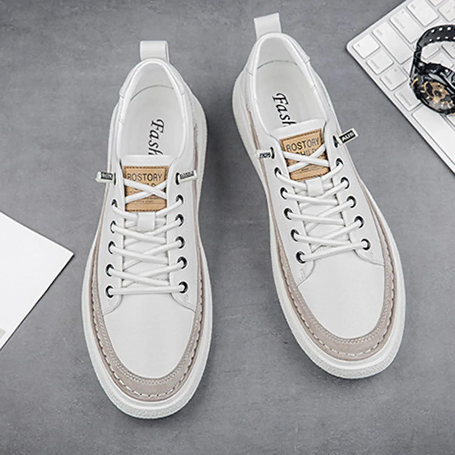 Men's Genuine Leather Fashion Sneakers Simple Handmade Low Top Round-Toe Elastic Lace Up Slip On Casual Shoes Comfortable Classic Tennis Shoes