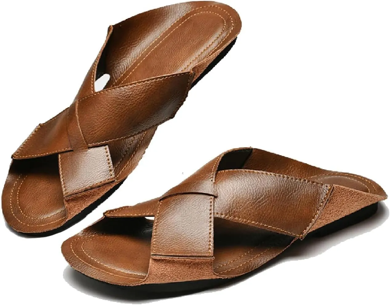 Men's Genuine Leather X-Band Soft Sole Casual Slides Comfort Lightweight Cutout Double Strap Sandals Slip on Anti-Slip Slippers for Summer Walking Beach