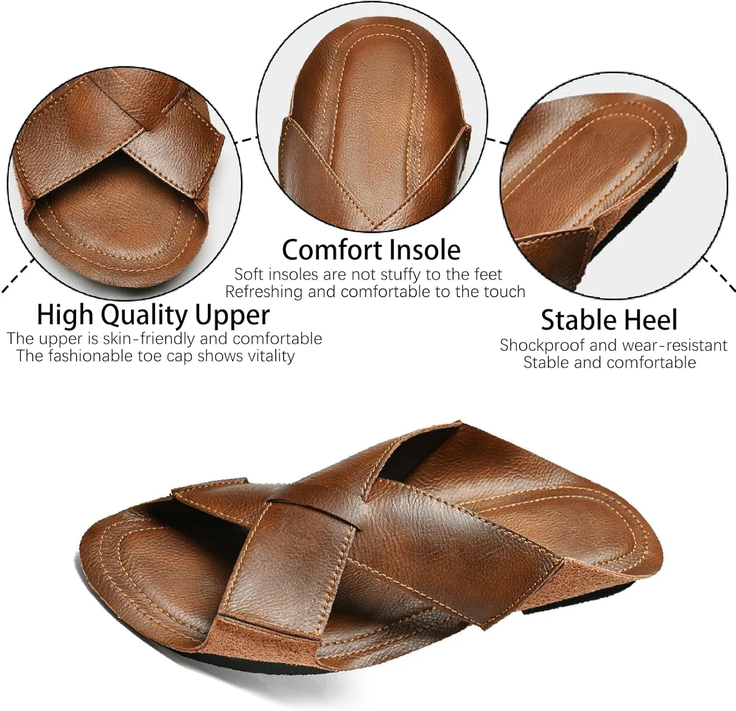 Men's Genuine Leather X-Band Soft Sole Casual Slides Comfort Lightweight Cutout Double Strap Sandals Slip on Anti-Slip Slippers for Summer Walking Beach