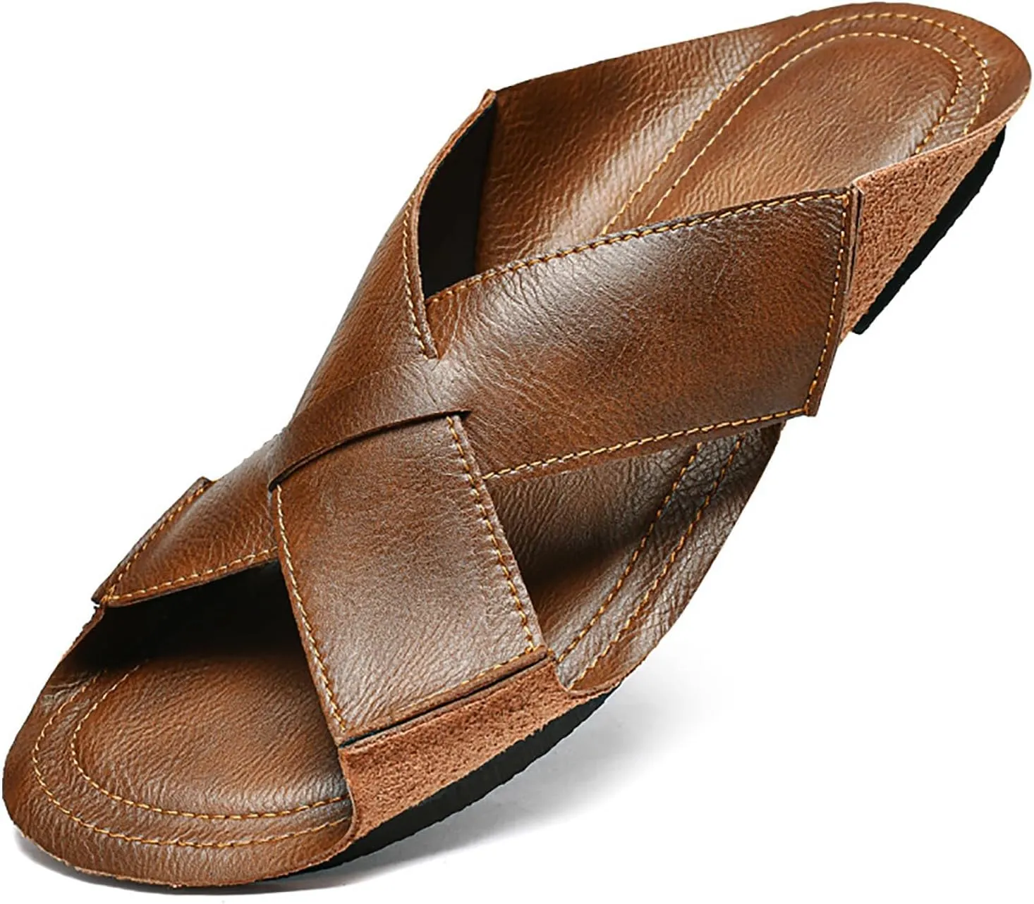 Men's Genuine Leather X-Band Soft Sole Casual Slides Comfort Lightweight Cutout Double Strap Sandals Slip on Anti-Slip Slippers for Summer Walking Beach