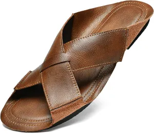 Men's Genuine Leather X-Band Soft Sole Casual Slides Comfort Lightweight Cutout Double Strap Sandals Slip on Anti-Slip Slippers for Summer Walking Beach