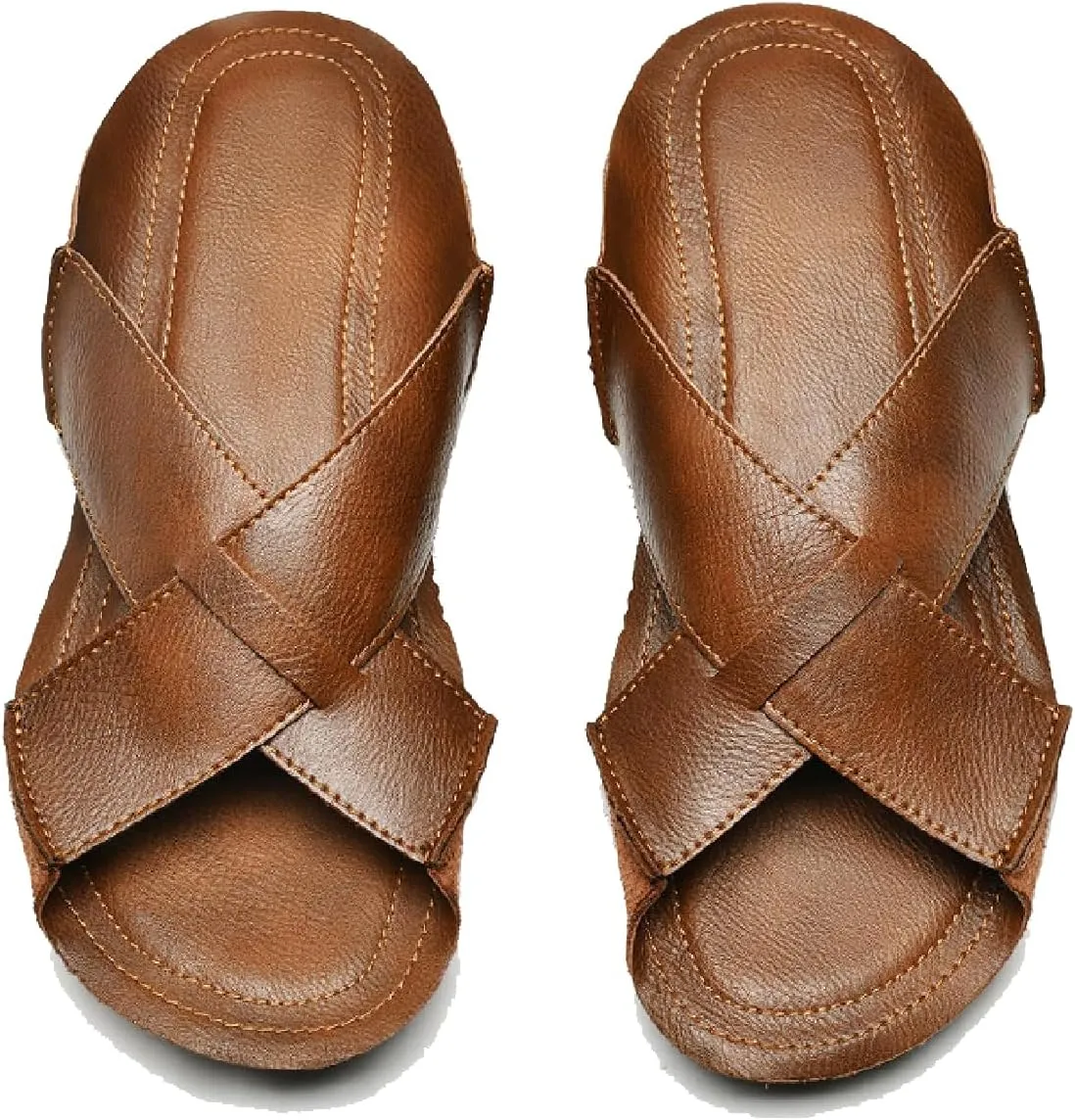 Men's Genuine Leather X-Band Soft Sole Casual Slides Comfort Lightweight Cutout Double Strap Sandals Slip on Anti-Slip Slippers for Summer Walking Beach