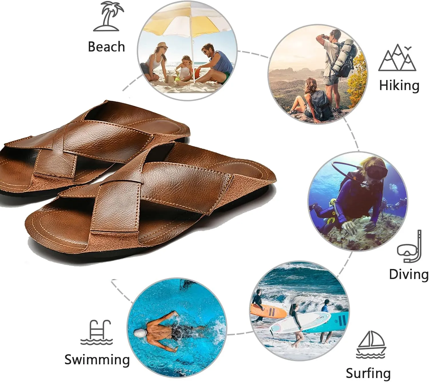 Men's Genuine Leather X-Band Soft Sole Casual Slides Comfort Lightweight Cutout Double Strap Sandals Slip on Anti-Slip Slippers for Summer Walking Beach