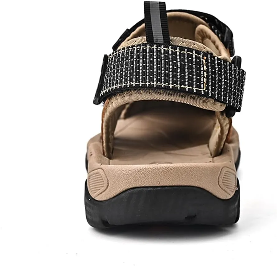 Mens Leather Outdoor Hiking Sandals Waterproof Lightweight Athletic Sports Sandals Adjustable Fisherman Beach Shoes Closed Toe Water