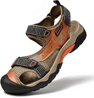 Mens Leather Outdoor Hiking Sandals Waterproof Lightweight Athletic Sports Sandals Adjustable Fisherman Beach Shoes Closed Toe Water
